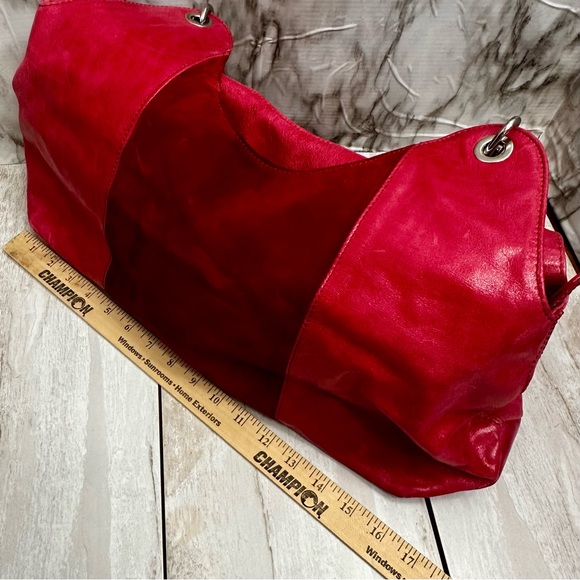 Plinio Visona Vibrant Pink Leather Shoulder Bag Red Suede Panel Large Hobo - Picture 9 of 16